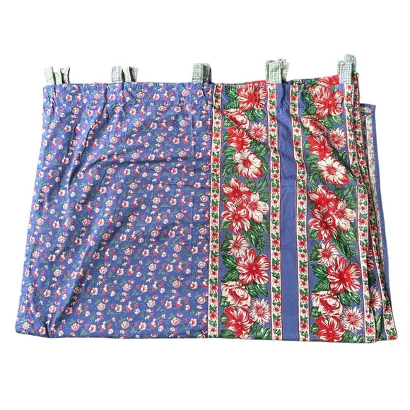 April Cornell Curtains Red Floral on Blue 4 Panels Farmhouse Cottage 35 X 51
